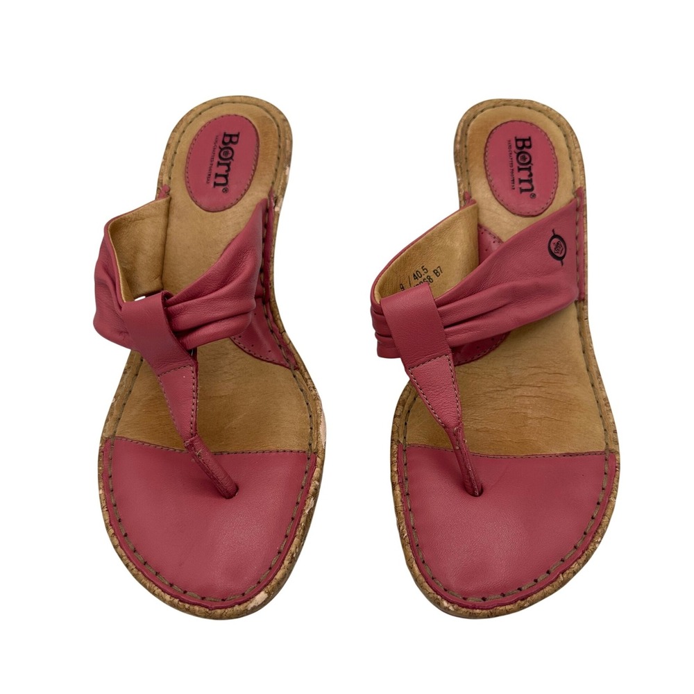 Born Wedge Thong Sandals Leather Pink Cork Comfort Casual Womens Size 9